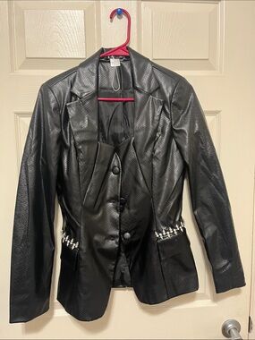 Venus Women's Faux Leather Blazer with Embellished Waist